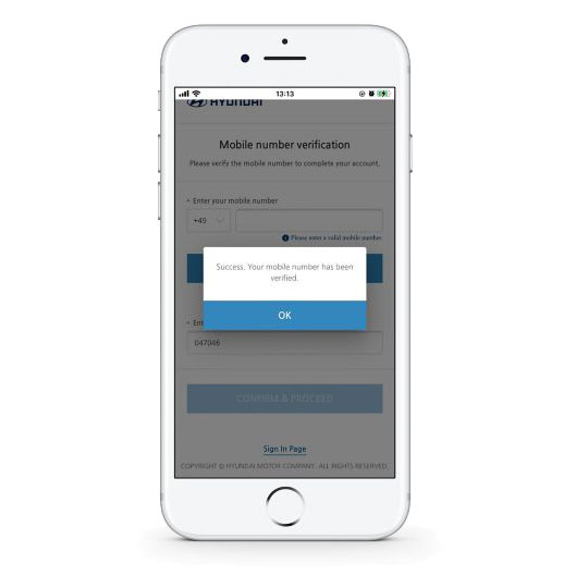 snímek obrazovky aplikace Hyundai Bluelink, zobrazující dokončení procesu vytváření účtu Hyundai