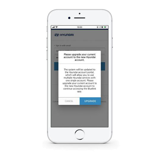 snímek obrazovky aplikace Hyundai Bluelink, zobrazující zprávu, popisující upgrade účtu