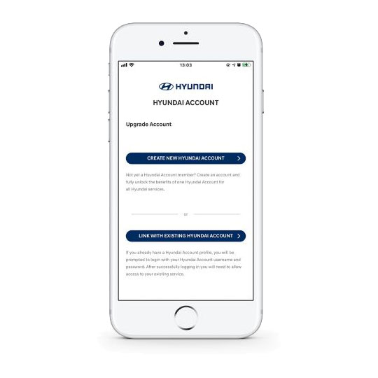 snímek obrazovky aplikace Hyundai Bluelink zobrazující volbu mezi vytvořením nového účtu nebo propojením stávajícího