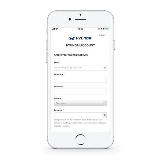 snímek obrazovky aplikace Hyundai Bluelink, zobrazující přihlašovací formulář