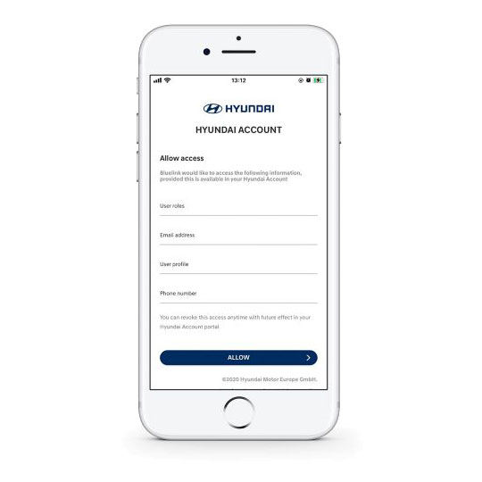 snímek obrazovky aplikace Hyundai Bluelink, zobrazující požadavek na přístup k osobním údajům