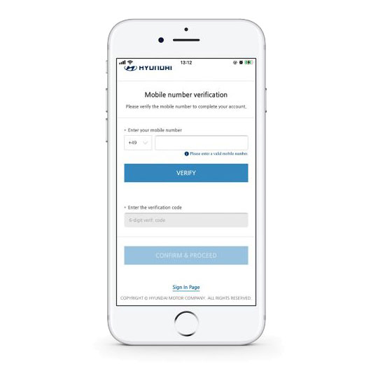 snímek obrazovky aplikace Hyundai Bluelink, zobrazující obrazovku ověření telefonního čísla
