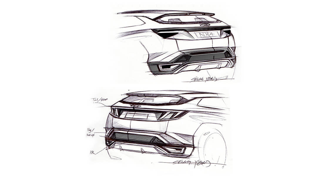 Designový náčrt zcela nového kompaktního SUV Hyundai Tucson v pohledu zezadu.