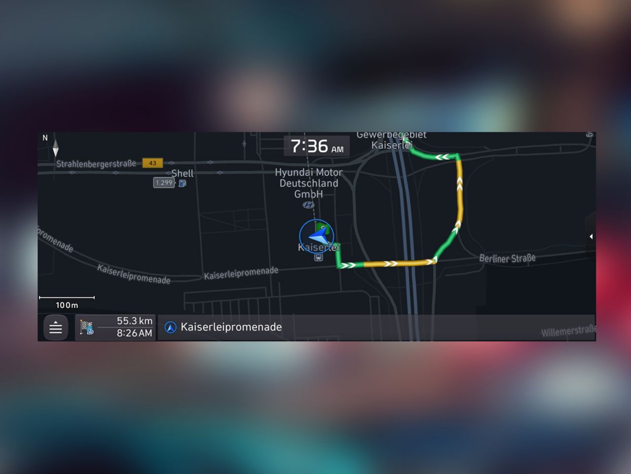 Screenshot navigačního systému Hyundai se vzdáleným plánováním trasy.